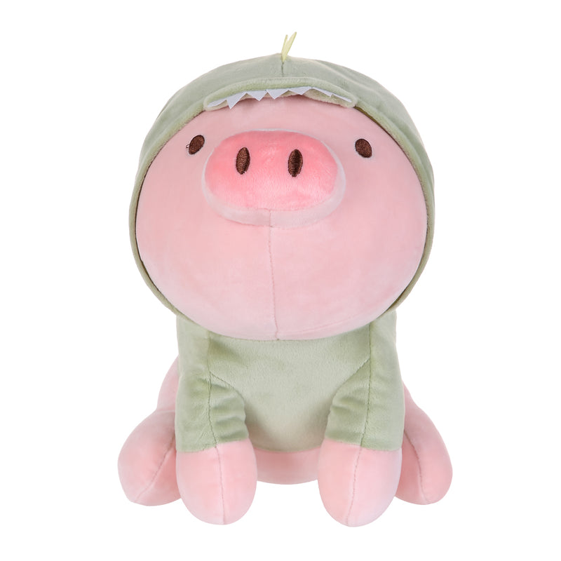 Sitzendes Ferkel-Plüschtier mit Dinosaurier-Hoodie