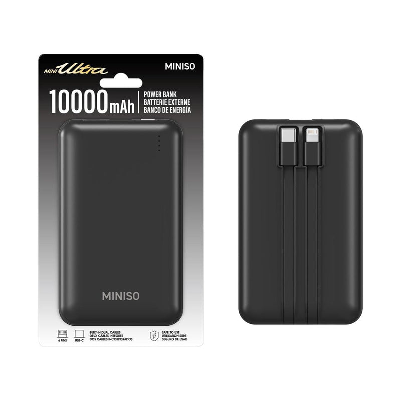 10000mAh Extra-dünne Mini-Powerbank mit zwei Kabeln – Modell: C111 (Schwarz)