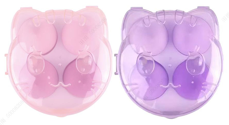 Make-up-Schwämmchen, 4 Stück, mit Aufbewahrungsbox in Katzenform (Rosa/Lila)